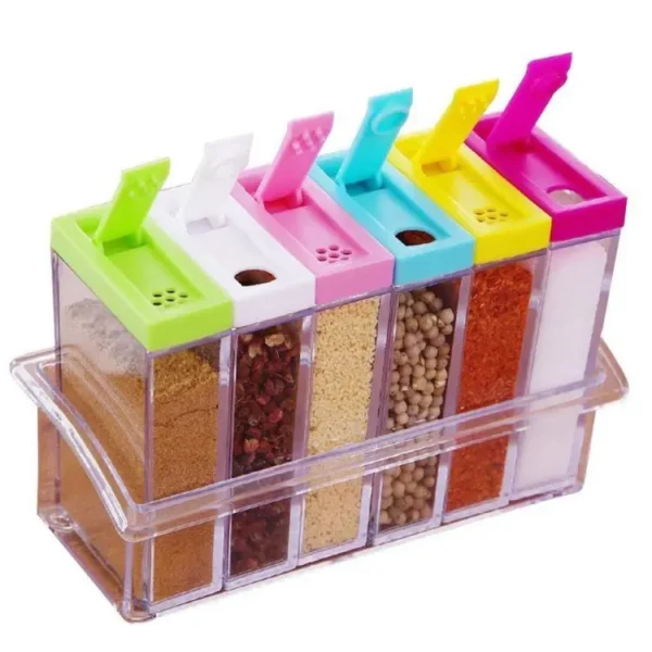 - Spice Jars Dispenser Masala Rack Easy Flow Storage Crystal Seasoning Box Multicolour Set of 6